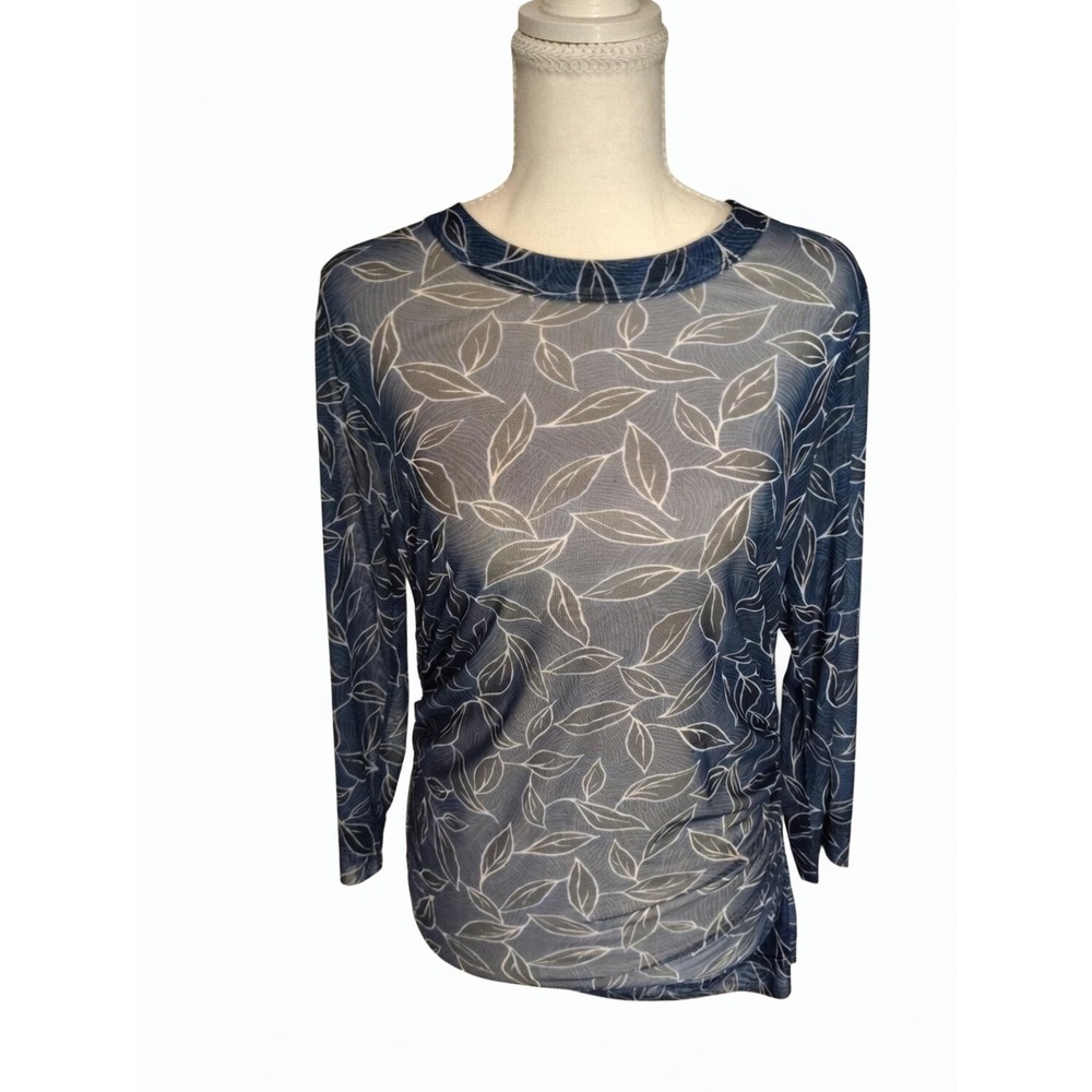 Karen Kane Blue White Leaf‎ Print Ruched Mesh Sheer Top 3/4 Sleeve Womens Medium